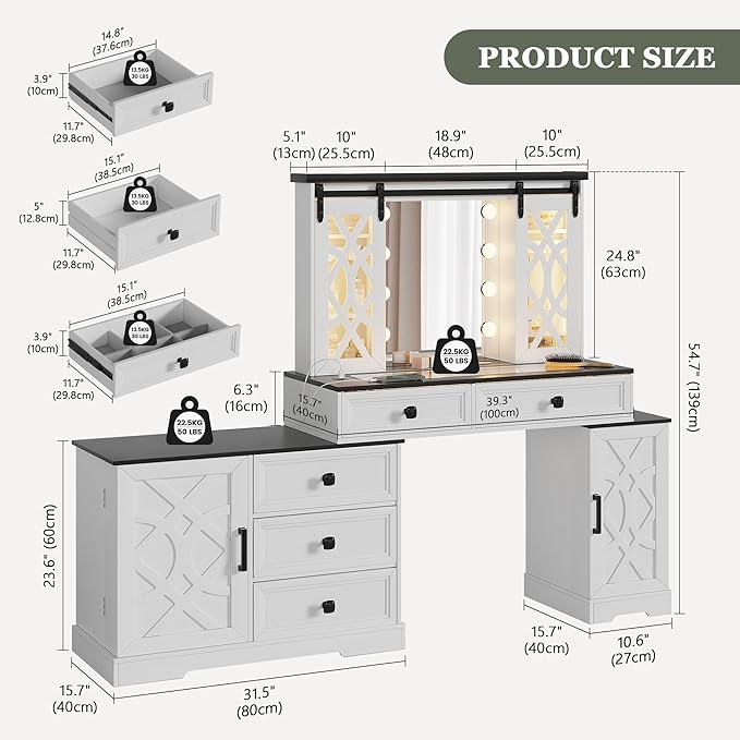 Farmhouse Makeup Vanity with Mirror & Lights, Large Vanity Desk with 5 Drawers & 9 Storage Shelves, Dressing Table with Jewelry Armoire, Vanity Gifts for Wife Girlfriends Women Lady Girl, White