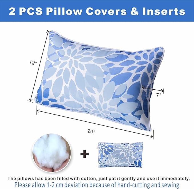 Pack of 2 Patio Lumbar Pillows, 12”x20” Fade Resistant Outdoor Waterproof Lumbar Pillow with Inners, Decorative Garden Lumbar Cushions for Home Patio Terrace Sofa Use