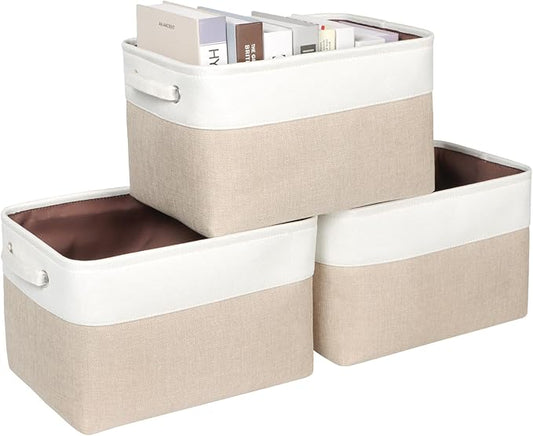 Kntiwiwo Foldable Storage Bins 15" x 10" x 9.5" Fabric Storage Basket Cube with Handles Large Linen Closet Organizer Bins for Organizing Shelf Home,Set of 3, Beige