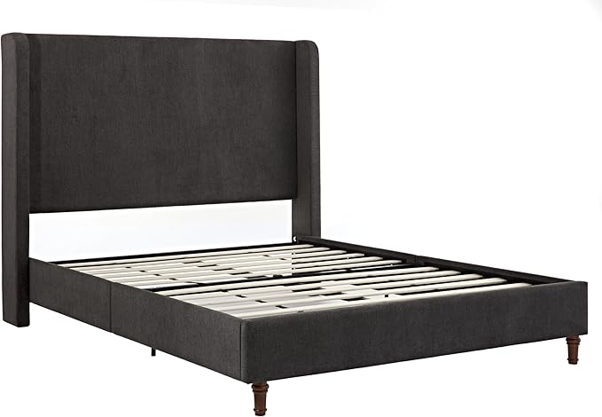 GDFStudio Tall Headboard Upholstered Bed,Queen Size Platform Bed Frame with Headboard Wingback,54" High No Box Spring Needed Easy Assembly Elegant Simplicity Dark Gray Velvet