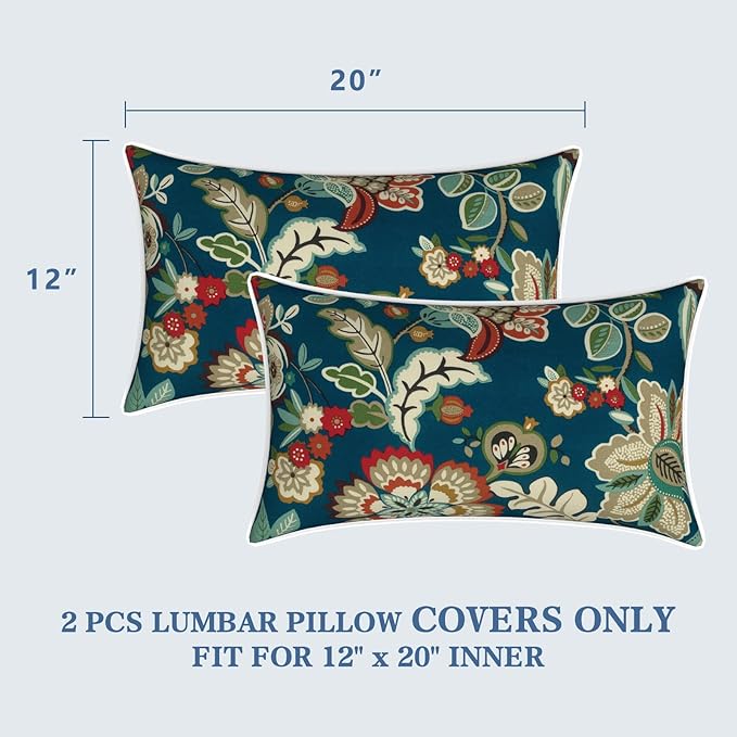 LVTXIII Outdoor Lumbar Pillow Covers 12"x20", Covers ONLY, 2 Pack 30x50cm Lumbar Cushion Cover with White Piping for Home Patio Garden Sofa Bench, Peacock Blue