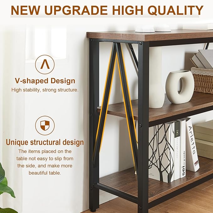 HOMISSUE Entryway Console Table, Rustic Couch with Wide Storage, Industrial Sofa Tables with 3-Tier Open Shelves, Entryway Table for Living Room, Hallway, Brown, 55 Inch