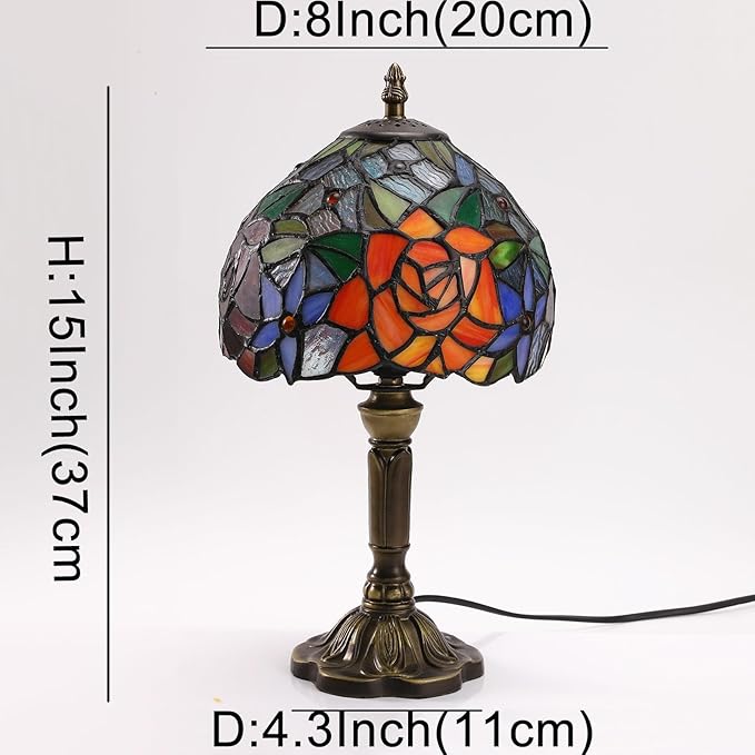 Rose Tiffany Small Table Lamp 3 Way Color Temperatures Stained Glass Bedside Nightstand Table Lamps for Living Room,Bedroom, Home Office Reading Desk Lamp+LED Bulb,8X8X15 Inch