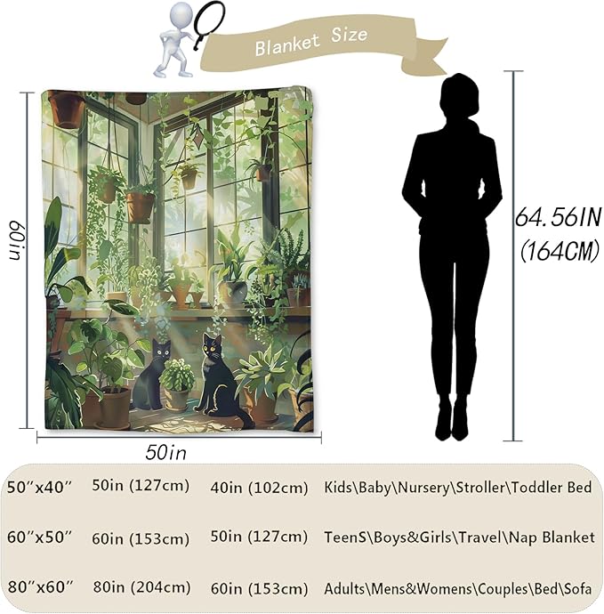 Sunlight Garden Cats Blanket - Ultra Soft, Fluffy, Lightweight Flannel Throw Blankets for Couch, Bed, Travel, Outdoor - Cozy, Fuzzy Home Decor - Lush Plant and Black Cat Design 80×60 in