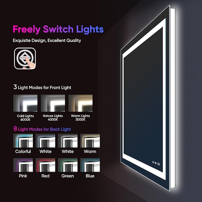 Antok 28"x 36" LED Bathroom Mirror with Lights, Anti-Fog, Dimmable, Lighted Vanity Mirror with Tempered Glass, Memory Function, 11 Light Modes, Safe Use, Horizontal, Vertical