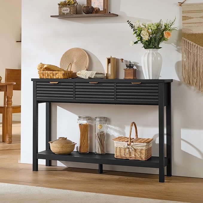 LEYAOYAO Fluted 47.2" Console Table with 3 Drawers, Modern Wood 2 Tier Entryway Table with Open Storage Shelf, Boho Sofa Entry Tables Behind Couch for Living Room, Hallway, Entrance Foyer, Black Oak