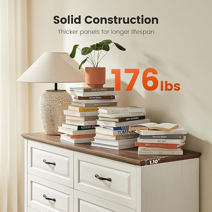 Amada Farmhouse 6 Drawer Dresser for Bedroom, 47.2 Inch Wide Wood Dresser with Natural Texture, Large Drawers, Rustic Farmhouse Chest of Drawers for Bedroom, Living Room, Hallway, Brown & White