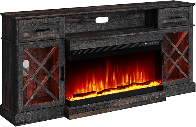 3-Sided Farmhouse LED Fireplace TV Stand, 70" Large Entertainment Center Glass Doors for TVs up to 80", Modern Wood Grain High-Gloss TV Storage Cabinet for Living Room, Black