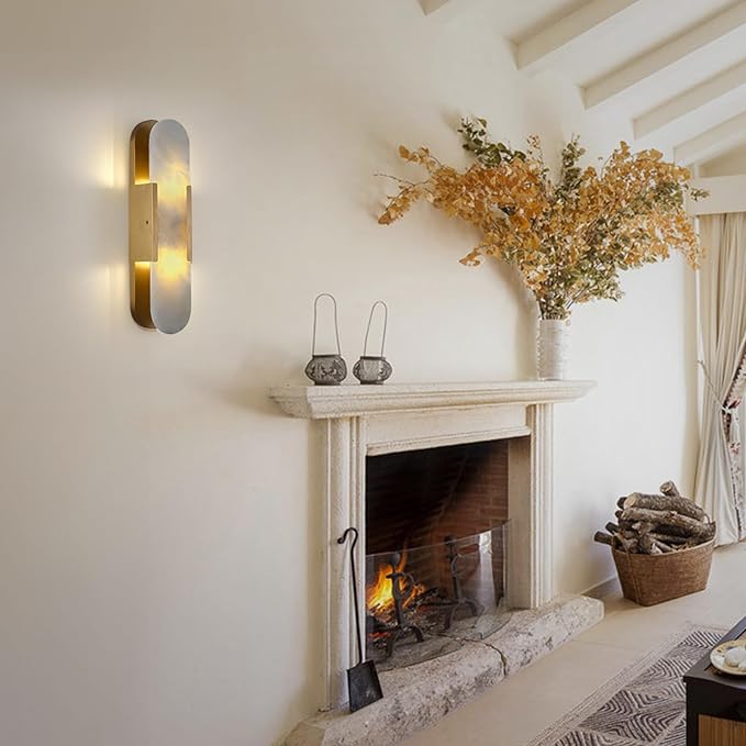 19.7 in Brass Alabaster Wall Sconces, Natural Marble Wall Sconces Indoor Alabaster Sconces for Living Room Modern Alabaster Sconces Wall Lighting for Dining Room Stairs Bedroom