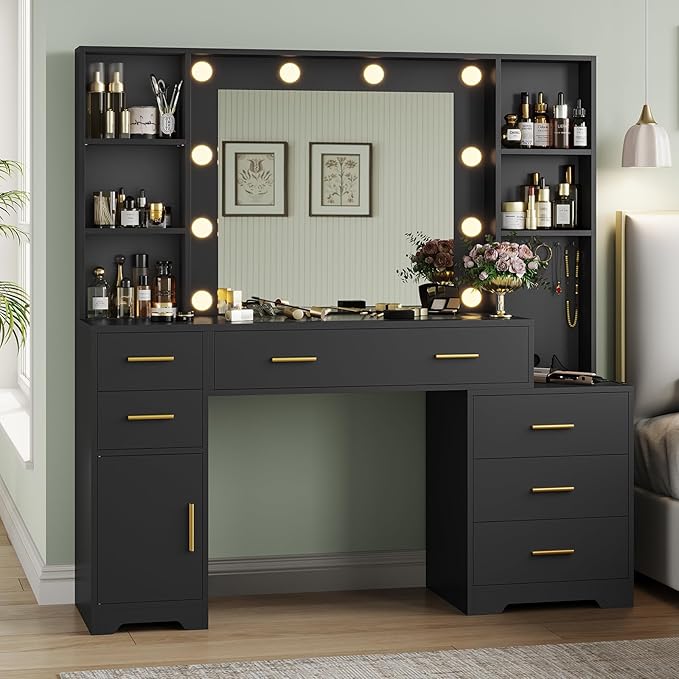 Hasuit 48.8'' Large Vanity Desk with Lighted Mirror & Power Outlet, Black Makeup Vanity Table with 6 Drawers, 4 Shelves and 1 Storage Cabinet, Glass Tabletop Bedroom Dressing Table, 3 Lighting Modes