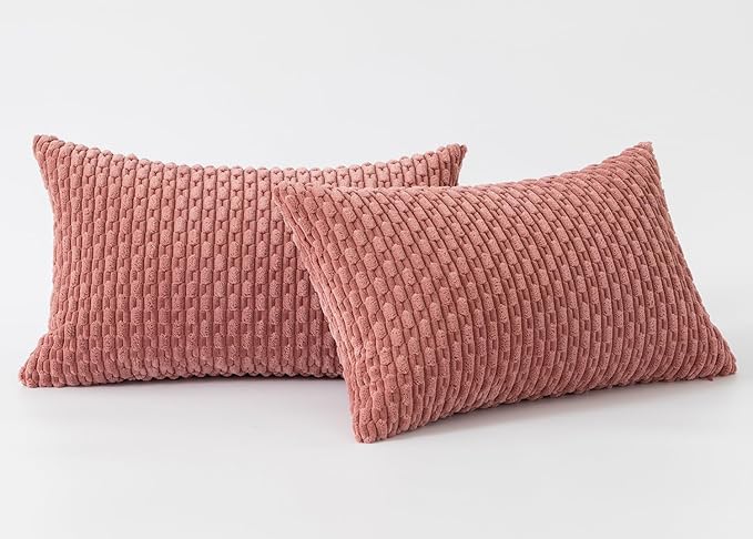 Kevin Textile Throw Pillow Covers Soft Corduroy Decorative Set of 2 Valentines Day Boho Striped Pillow Covers Pillowcases Farmhouse Home Decor for Couch Bed Sofa Living Room 12x20 Inch Blush Pink