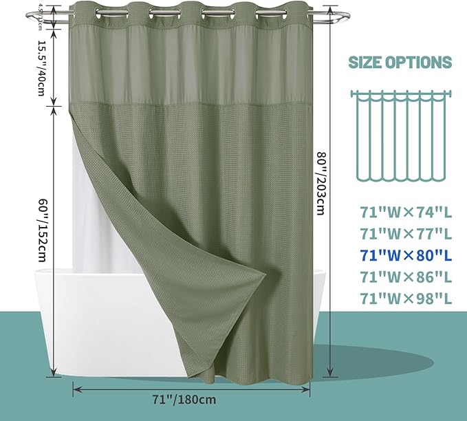 SageGreen Long No Hook Waffle Weave Shower Curtain with snap-in Liner Replacement, 230GSM Waterproof Fabric Hotel Shower Curtain Set for Bathroom, Through Mesh Top Window,71Wx80H