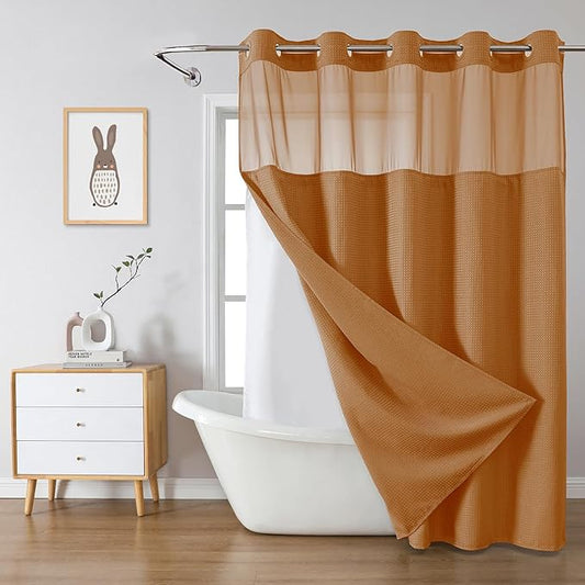 BurntOrange Extra Long No Hook Waffle Weave Shower Curtain with snap-in Liner Replacement, 230GSM Waterproof Fabric Hotel Shower Curtain Set for Bathroom, Through Mesh Top Window,71Wx86H