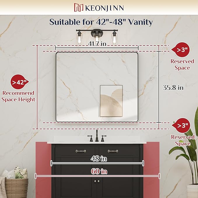 Keonjinn 42 x 36 Brushed Nickel Bathroom Vanity Mirror, Large Rounded Rectangle Bathroom Mirrors for over Sink, Metal Framed Silver Mirror for Wall, Shatterproof HD Tempered Glass(Horizontal/Vertical)