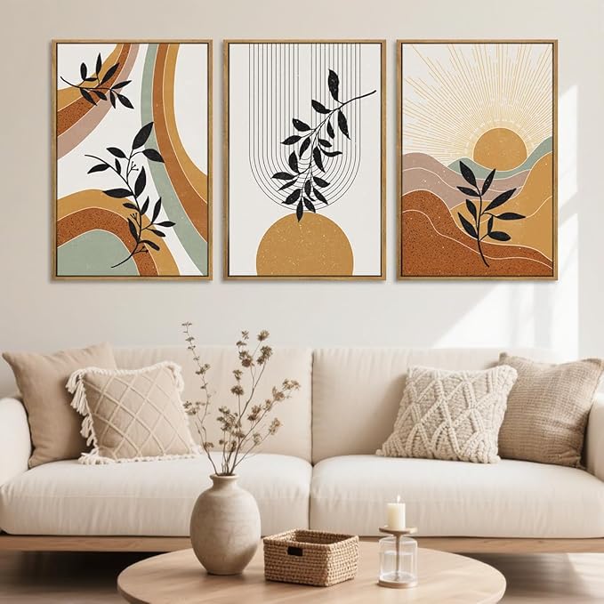 BINCUE Large Boho Framed Wall Art Painting Mid Century Modern Decor Prints for Living Room Bedroom Bathroom 16x24 Inch 3 Pieces