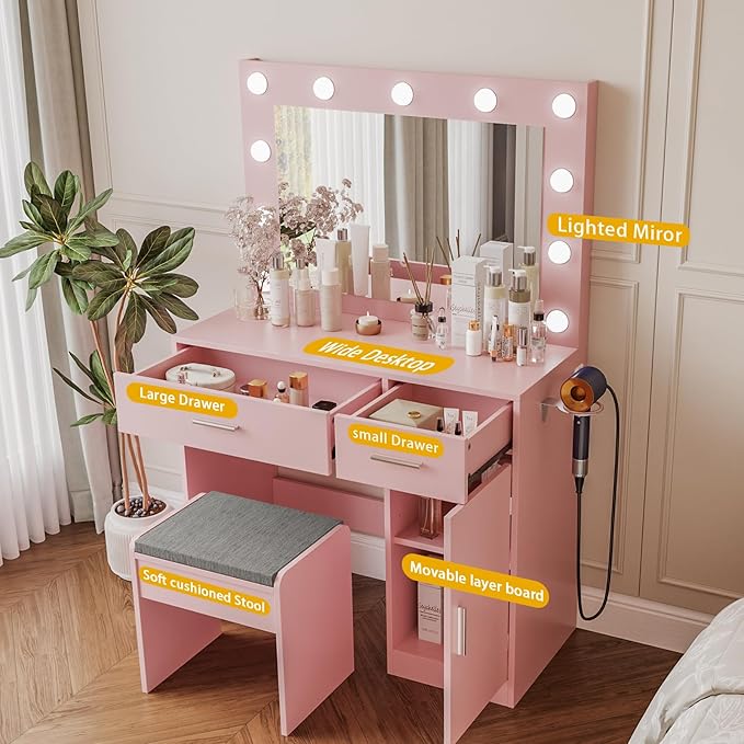 Vanity, Vanity Desk with Mirror, Large Drawer and Power Socket with 11 Light Bulbs and 3 Adjustable Lighting Modes, Vanity Table Ideal for Bedroom (Pink)