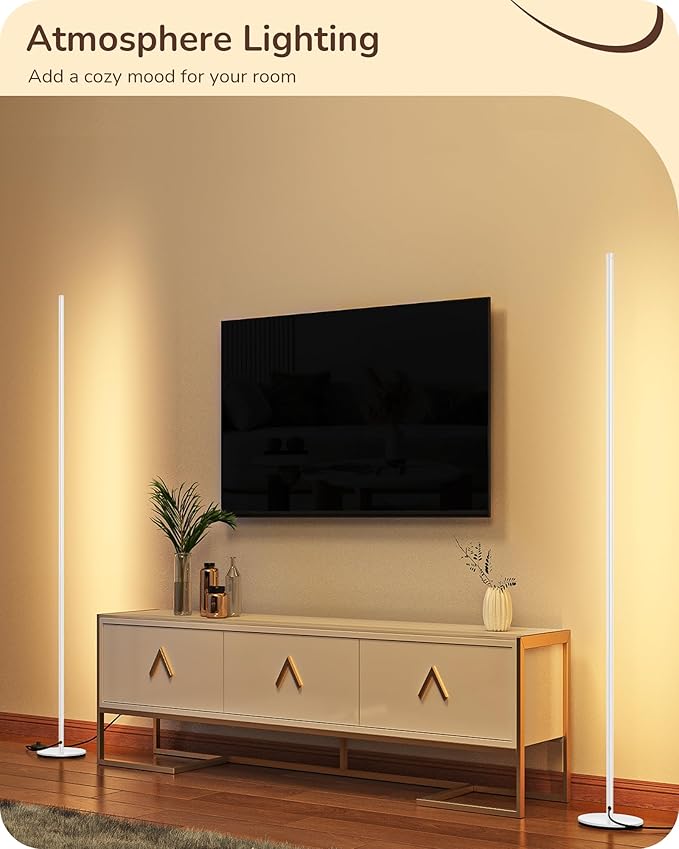 EDISHINE LED Corner Floor Lamp with Remote, 57.5" Minimalist Dimmable Mood Light, Standing Tall Floor Lamps for Living Room, Bedroom, Home Office, 3000K Warm White Light (White)