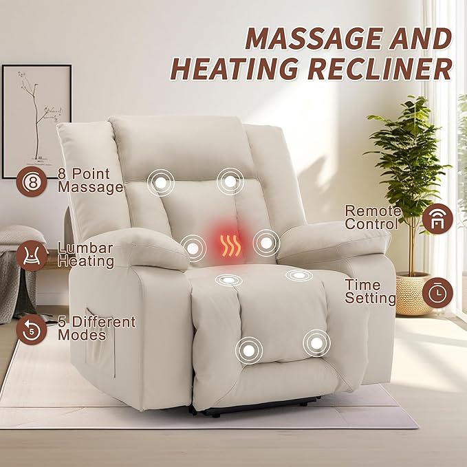 Oversize Dual Motor Power Lift Recliner for Adults, Electric Lift Chair with Heating and Massage, Waffle Leather Electric Recliner Chair with Side Pockets, Wide Recliner for Living Room