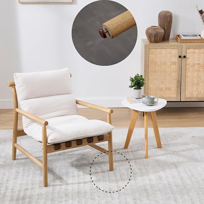 Mid-Century Modern Accent Chair Set of 2 - Solid Wood Lounge Chair with Removable Chenille Cushion, Low Back Reading Chair for Living Room/Bedroom/Balcony, Beige Sofa Chair (Easy Assembly)