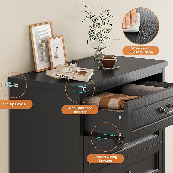 DICTAC Farmhouse 6 Drawers Dresser for Bedroom,51.2" Tall Rustic Wood Chest of Drawers,Large Storage Chest with Vintage Metal Handles, White Dresser for Bedroom,Closet,Hallway,Black