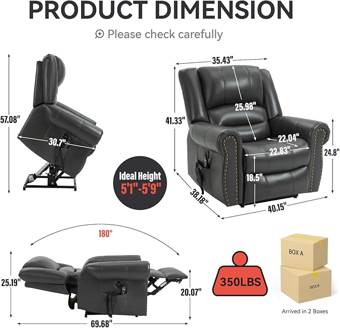 Dual Motor Power Lift Chair, Lay Flat Recliner Chair, Electric Recliner with Massage and Heat for Elderly, Remote Control, Infinite Position, Standing Assistance, USB Ports,Faux Leather, Grey