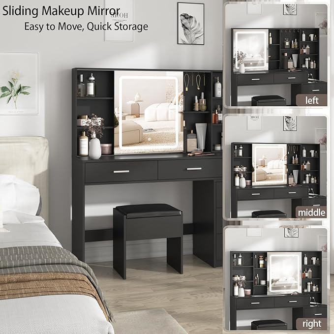 Fameill Vanity Desk with Mirror and Lights, Makeup Vanity with 5 Drawers, Makeup Desk with Charging Station and Ample Storage, Dressing Table with Chair for Bedroom Room (Black)