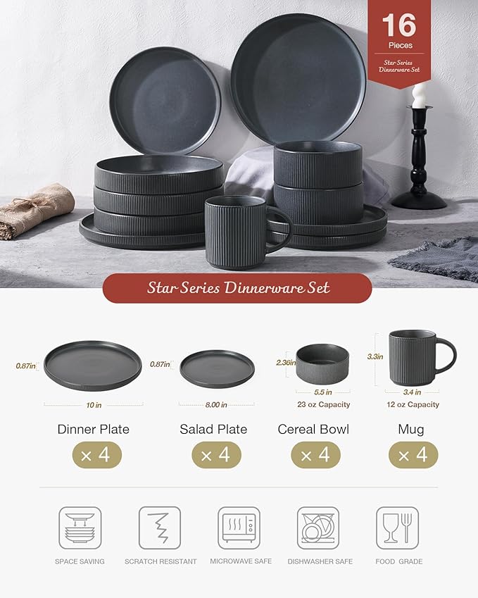 Famiware Star Dinnerware Set with Mugs, Service for 4 (16pcs), Ribbed Stoneware Plates and Bowls Dishes Sets - Chip & Scratch Resistant, Microwave & Dishwasher Safe, Matte Dark Charcoal