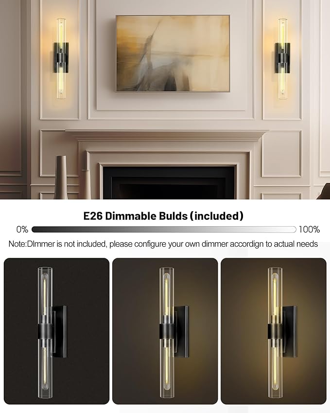 Bathroom Black Vanity Vertical Linear Light - 2-Light Tube Wall Sconces, 24" Vertical Vanity Wall Lighting, E26 Bulb Included