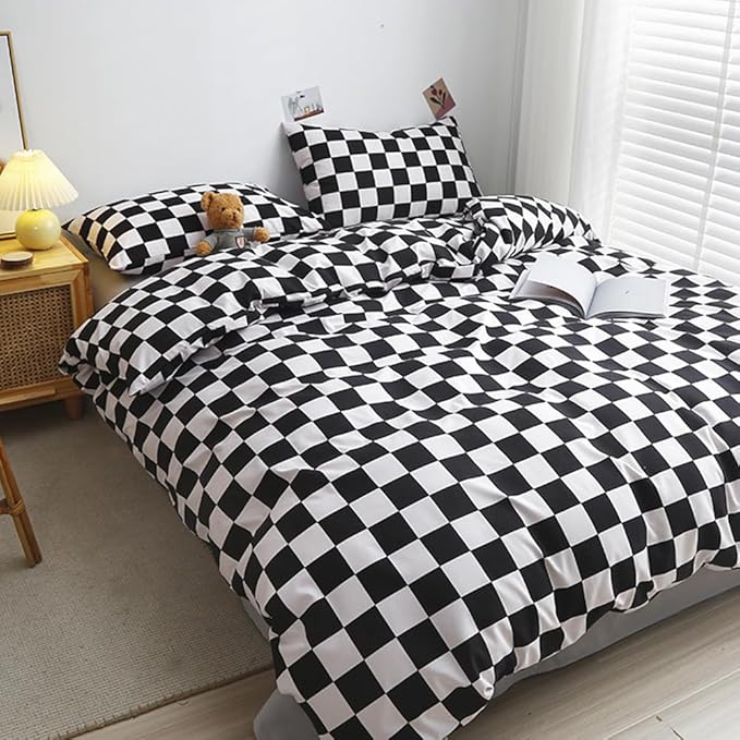 CLOTHKNOW Black White Plaid Queen Comforter Set 3Pcs Grid Bedding Comforter Sets Soft Checker Geometric Queen Comforter with 2 x Pillow Cases