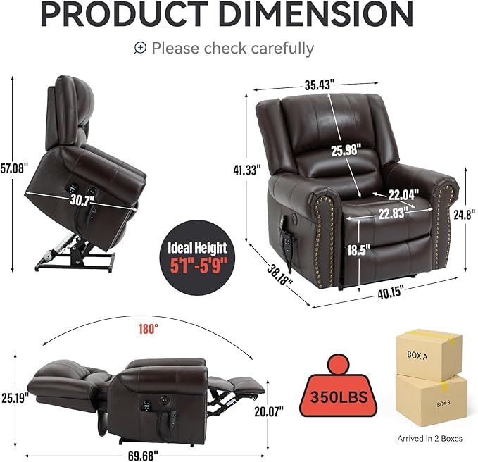 Power Lift Recliner Chair for Elderly, Dual Motor Massage Recliner with Lumbar Heat, Heavy Duty Motion Mechanism Lift Chair with Charge Ports, Genuine Leather - Antique Brown
