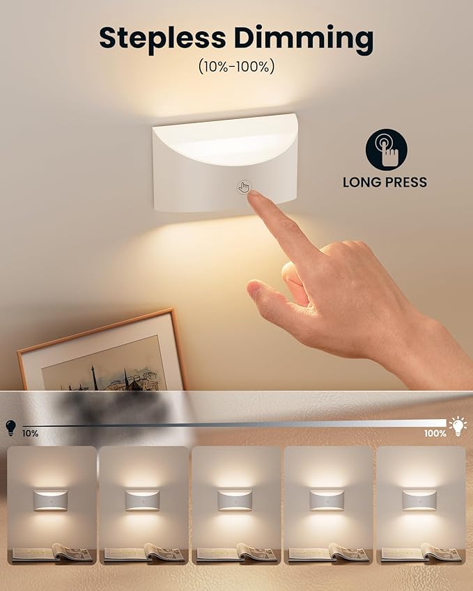 Brightown Battery Powered Wall Sconces Set of Two, Rechargeable Magnetic Wall Sconce with Remote Control, 3 Colors Wireless Up and Down Wall Mount Light for Hallway Bedroom Bedside Living Room(White)