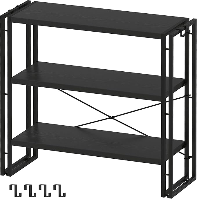 HCHQHS Bookshelf, 3-Tier Industrial Bookcase, Black Open Book Shelf, Freestanding Horizontal Bookshelves with Metal Frame