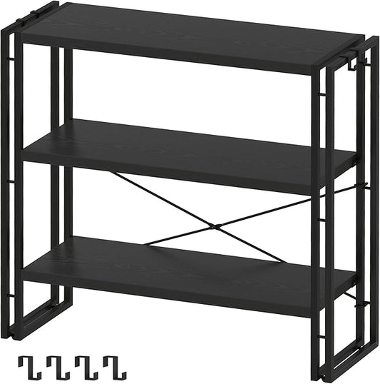 HCHQHS Bookshelf, 3-Tier Industrial Bookcase, Black Open Book Shelf, Freestanding Horizontal Bookshelves with Metal Frame