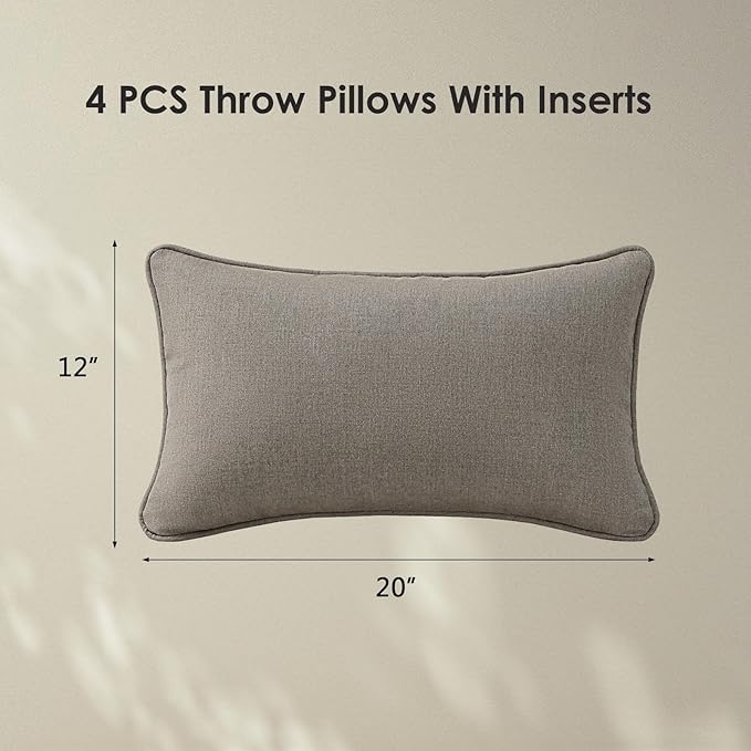 Sunbrella Decorative Outdoor Water Repellent Throw Pillows with Inserts, Set of 4, 20" x12" Pillows for Patio, Backyard, Bed, Couch, and Patio Furniture, Cast Shale
