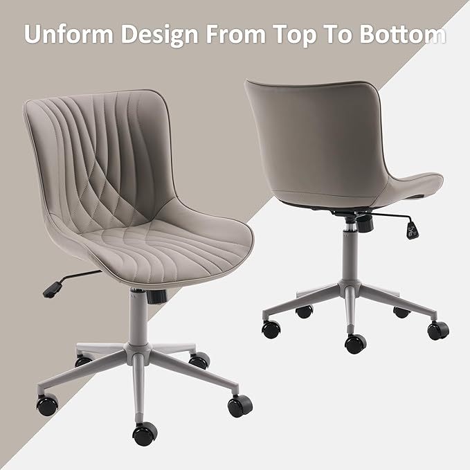 YOUTASTE All Grey Office Chair, Modern Armless Desk Chair with Back, Adjustable Swivel Rolling Faux Leather Task Chair with Wheels Metal Base for Home Office, Study, or Vanity