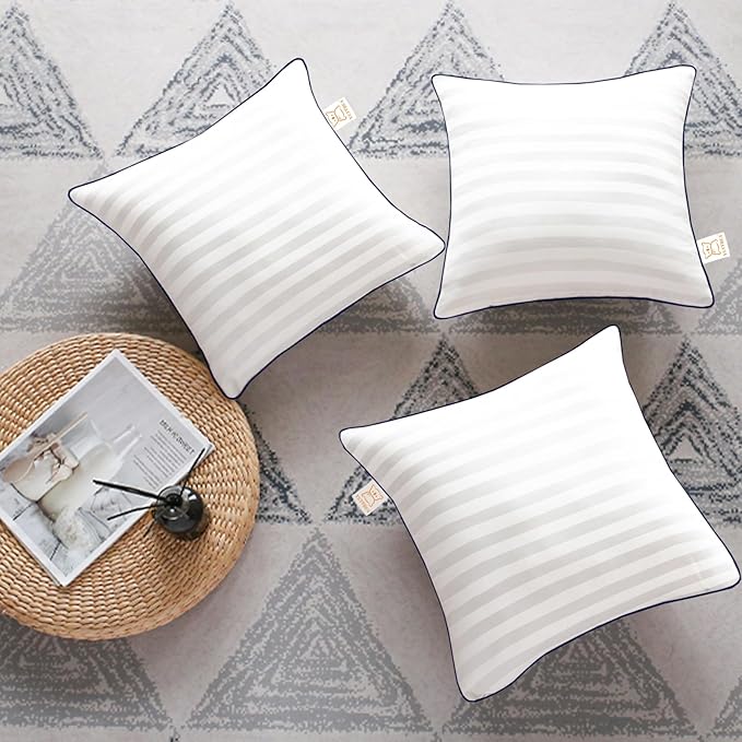 Pillows Insert 16'' x 16'' Set of 2, Decorative Throw Pillows with Luxury Silky Covers for Indoor Couch, Sofa or Bed Decors, White Striped Cushion Sham Stuffer