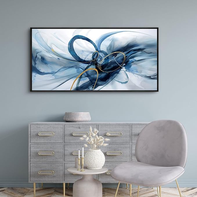XLSJERST Frame Wall Art - Blue and White Picture for Living Room Modern Abstract Canvas Wall Decor Artwork for Office Bedroom Home Decoration