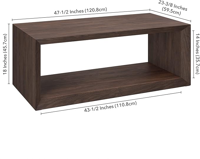 Henn&Hart 48" Rectangular Wood Coffee Table with Open Storage Shelf for Living Room, Family Room, or Office, Alder Brown