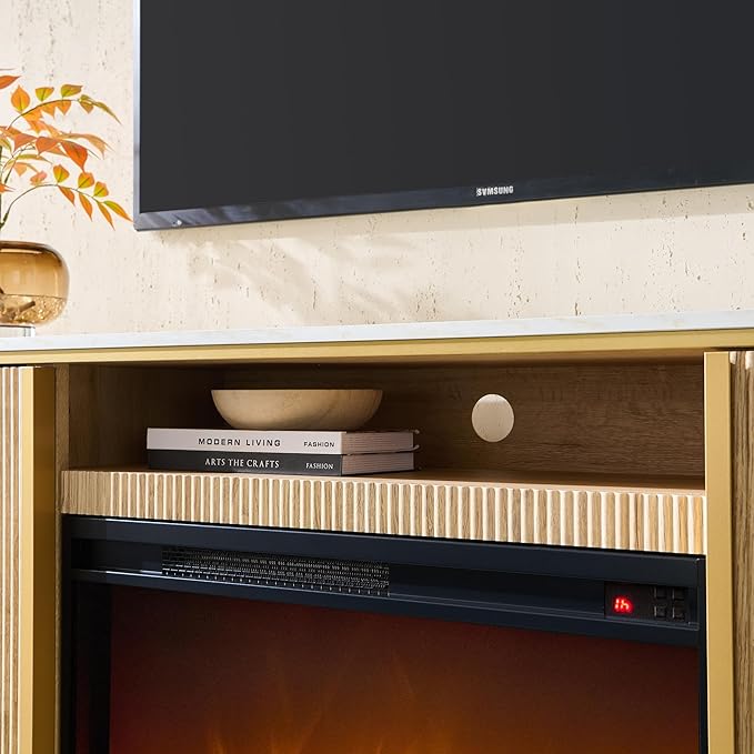 OKD Luxury 70" Fluted Fireplace TV Stand, Modern Chic Entertainment Center for TVs Up to 80 inches, TV Console with Faux Marble Top, Curved Profile Design, Media Console for Living Room, Natural Oak