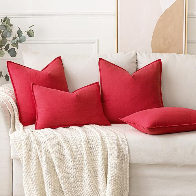 MIULEE Decorative Linen Lumbar Pillow Covers 12x20 Inch Red Boho Farmhouse Neutral Couch Throw Pillows for Bed Pack of 2 Accent Modern Pillowcase Sofa Livingroom Home Decor