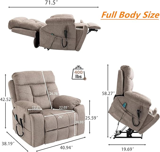 180 Degrees Lay Flat Recliner Chair with Heat and Massage and Cup Holder, Dual OKIN Motors Overstuffed Wide Lift Chairs Recliners for Elderly (Light Brown)