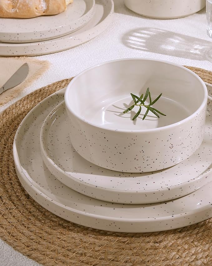 Famiware Nebula Plates and Bowls Sets, 12 Pieces Dinnerware Sets, Dishes Set for 4, Creamy White with Colorful Speckles