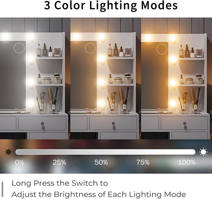 Vanity Desk & Power Outlet, Makeup Vanity with Mirror and 10 LED Lights, 3 Lighting Modes Brightness Adjustable, Makeup Table with 4 Shelves and Fold-up Panel, Vanity Set for Bedroom, White