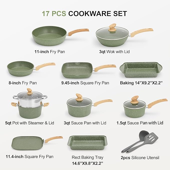 MAISON ARTS 17 Piece Pots and Pans Set Non Stick, Kitchen Cookware Sets with Nonstick Granite Stone Coating, Suitable for Induction Cooktops, Green