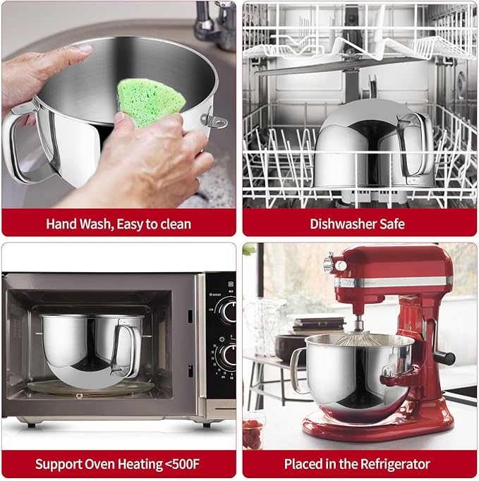 6QT Stainless Steel Mixer Bowl Compatible with Kitchenaid Stand Mixer, Kitchen Aid Mixing Replacement Bowl with Ergonomic Handle for 6QT Lift Mixer