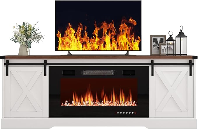 Farmhouse Fireplace TV Stand for 70/75/80 Inch TV, 70 inch Entertainment Center Storage Cabinets with 36”Electric Fireplace and Sliding Barn Doors, Media Console Cabinet for Living Room, White