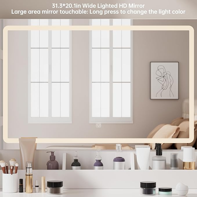 Modern White Makeup Vanity Desk with Adjustable Lights, Mirror, and Storage - Complete Vanity Set with Drawers, Shelves, and Stool