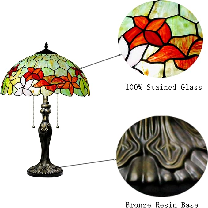 Tiffany Table Lamp Stained Glass Lamp 16X16X24 Inch Antique Reading Light (Green Red Flowers)