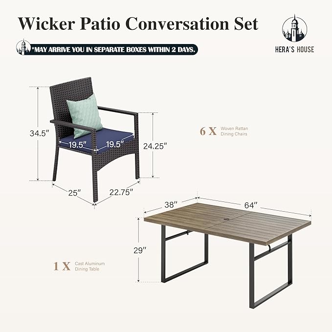 HERA'S HOUSE Patio Table and Chairs Set 7-Piece, Outdoor Dining Furniture Set with Cushions, All-Weather 64" Wood Grain Table with 1.6"-2" Umbrella Hole & Wicker Chairs for Backyard, Garden, Deck