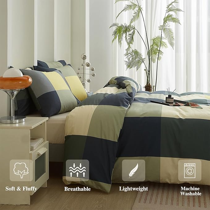 mixinni Queen Comforter Set Men Boys Geometric Checkered Plaid Printed Bedding Comforter for All Season Soft Lightweight Bedding Set-(Queen Size, Green,Yellow,Khaki)